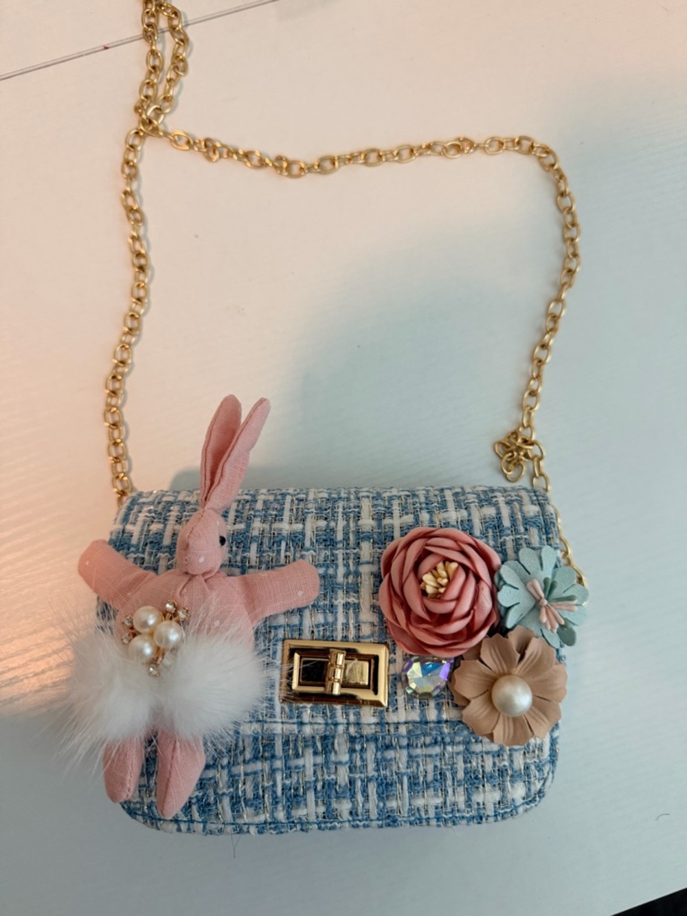 Blue Tweed Mini Crossbody Bag with Pink Floral Accents